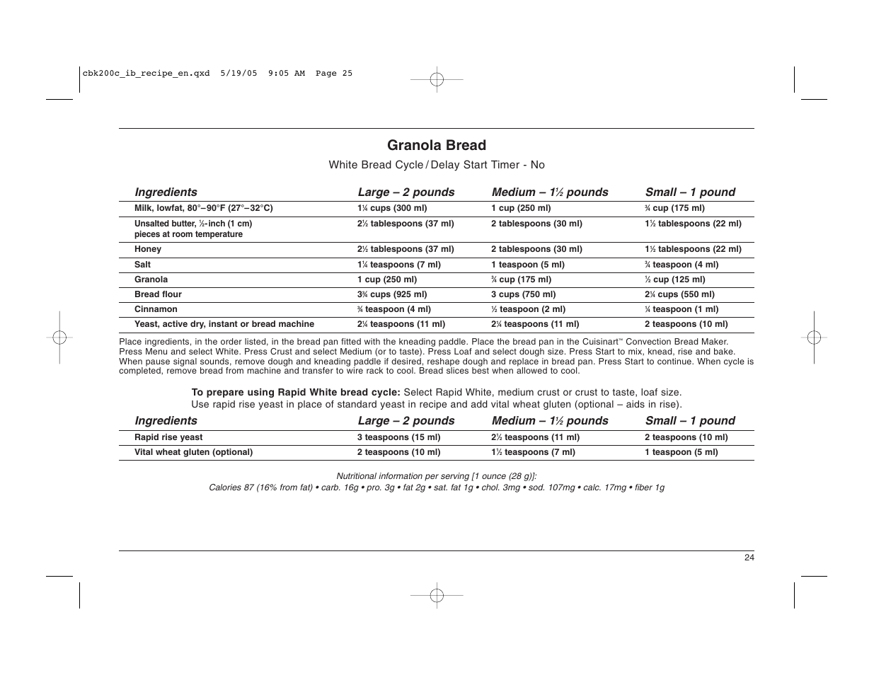Granola bread, Pounds small – 1 pound, Ingredients large – 2 pounds medium – 1 | Cuisinart CBK-200C User Manual | Page 25 / 114