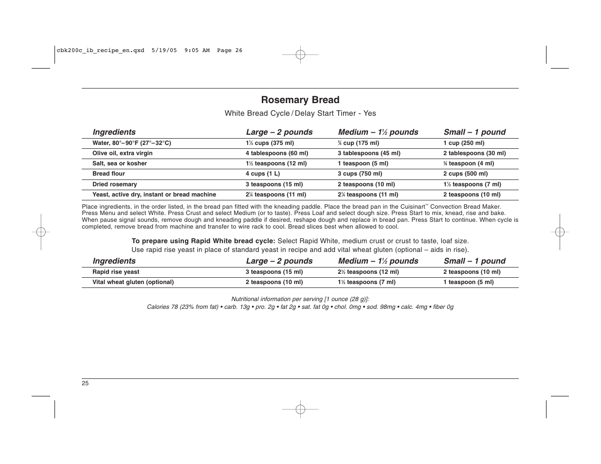 Rosemary bread, Pounds small – 1 pound, Ingredients large – 2 pounds medium – 1 | Cuisinart CBK-200C User Manual | Page 26 / 114