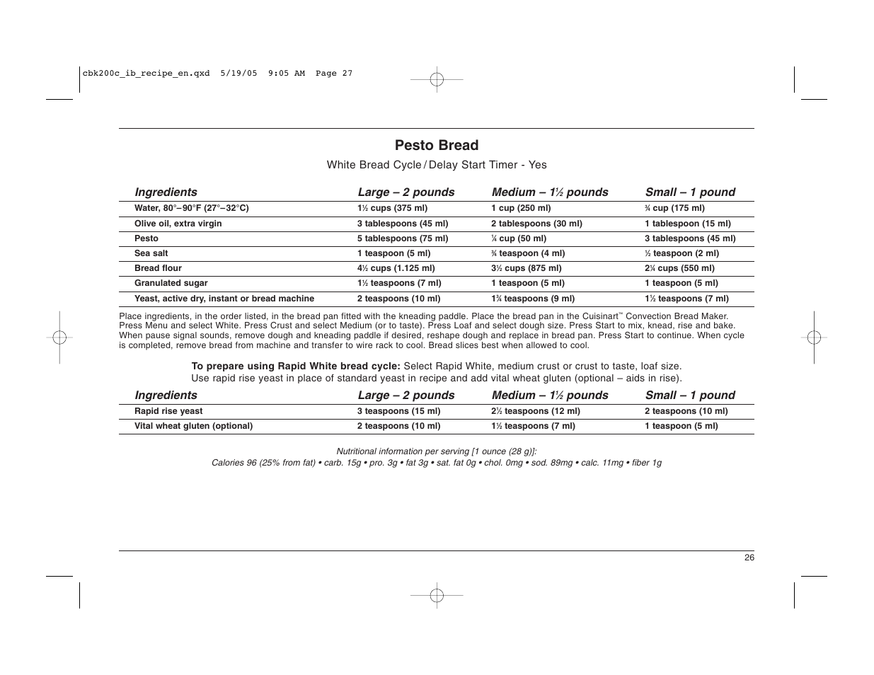 Pesto bread, Pounds small – 1 pound, Ingredients large – 2 pounds medium – 1 | Cuisinart CBK-200C User Manual | Page 27 / 114