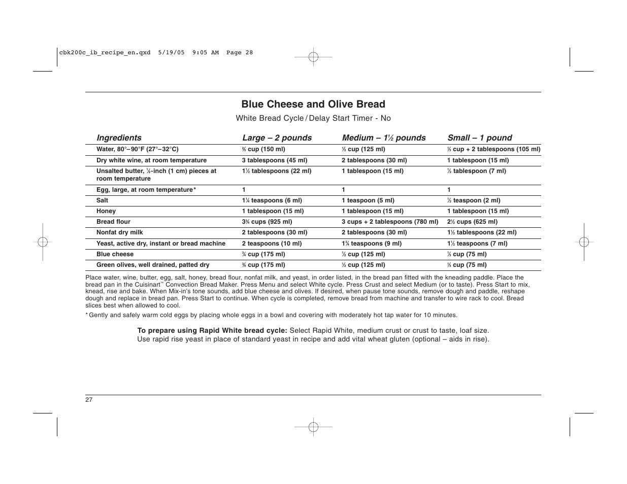 Blue cheese and olive bread, Pounds small – 1 pound | Cuisinart CBK-200C User Manual | Page 28 / 114