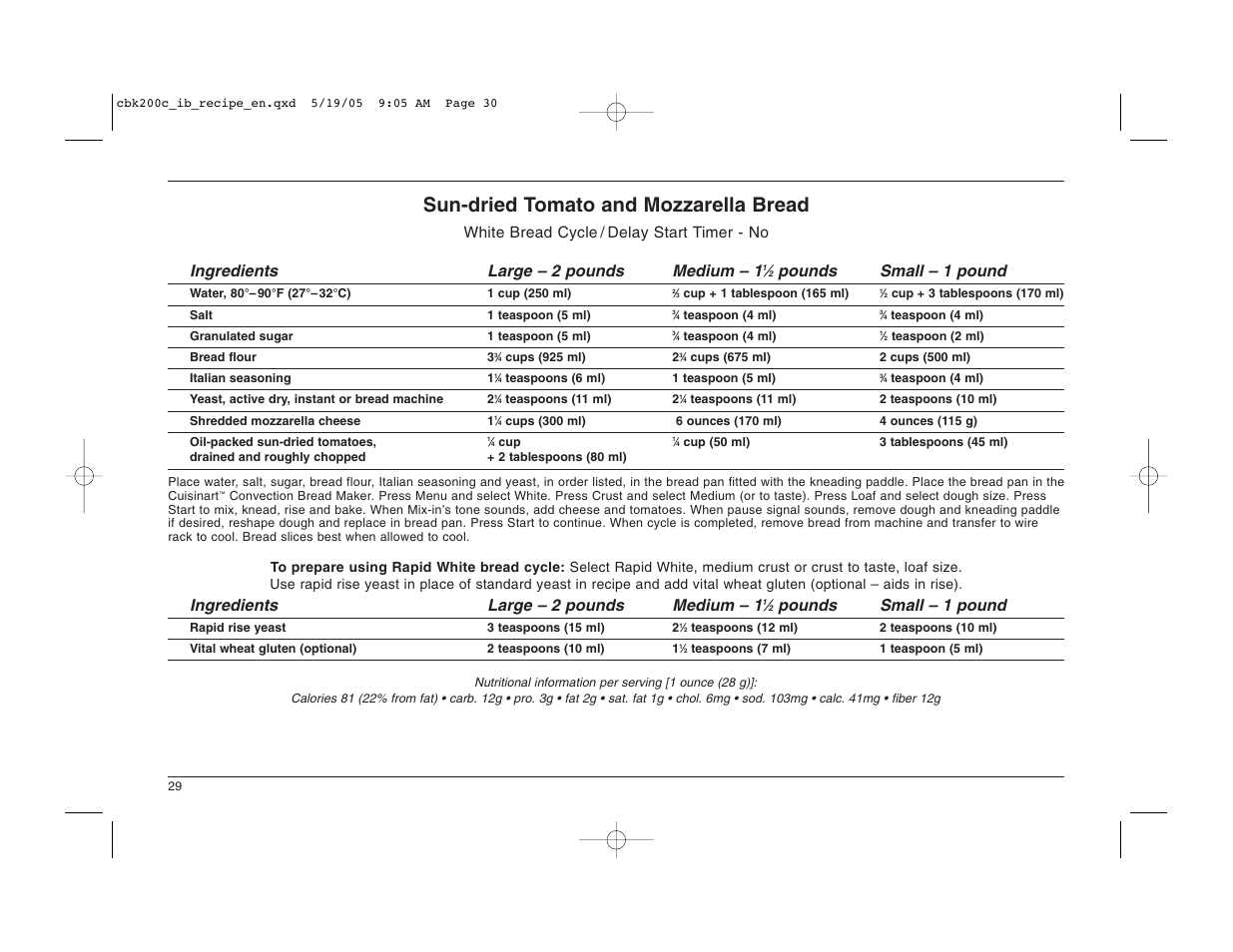 Sun-dried tomato and mozzarella bread, Pounds small – 1 pound, Ingredients large – 2 pounds medium – 1 | Cuisinart CBK-200C User Manual | Page 30 / 114