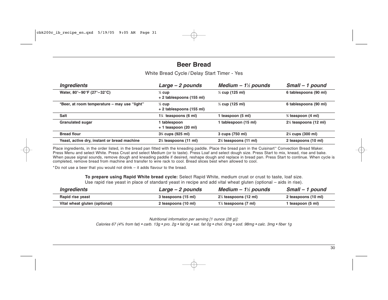 Beer bread, Pounds small – 1 pound, Ingredients large – 2 pounds medium – 1 | Cuisinart CBK-200C User Manual | Page 31 / 114