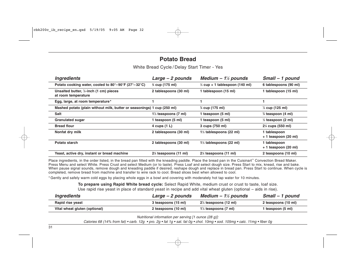 Potato bread, Pounds small – 1 pound, Ingredients large – 2 pounds medium – 1 | Cuisinart CBK-200C User Manual | Page 32 / 114