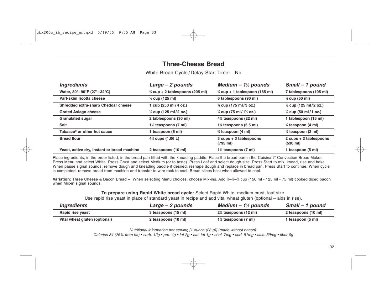 Three-cheese bread, Pounds small – 1 pound, Ingredients large – 2 pounds medium – 1 | Cuisinart CBK-200C User Manual | Page 33 / 114