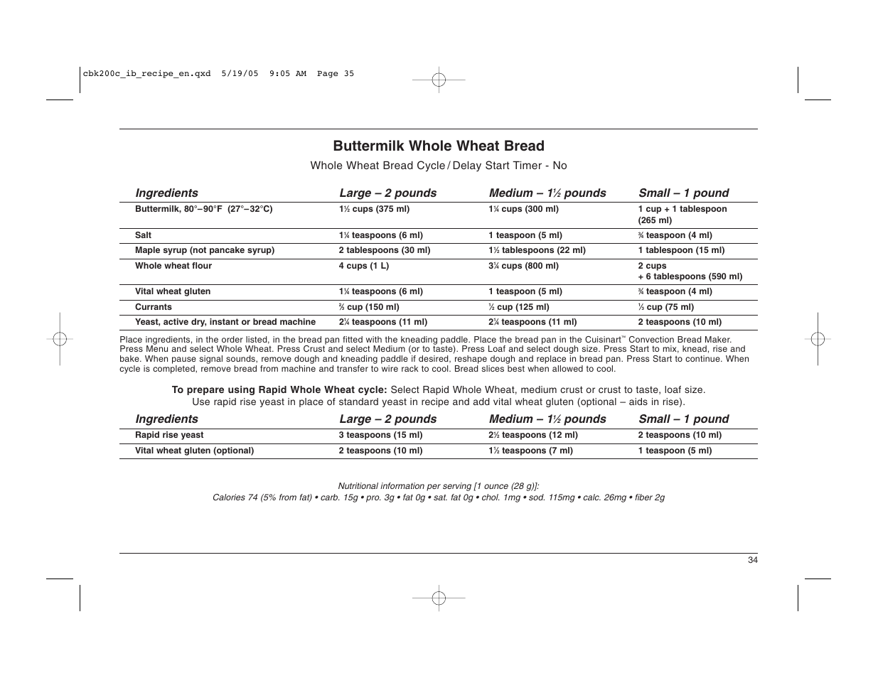 Buttermilk whole wheat bread, Pounds small – 1 pound, Ingredients large – 2 pounds medium – 1 | Cuisinart CBK-200C User Manual | Page 35 / 114