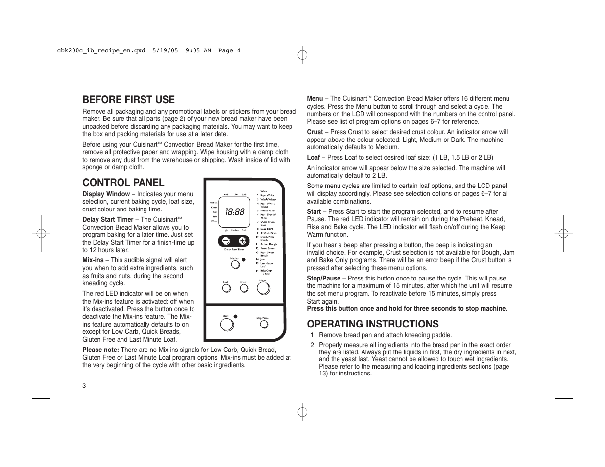 Before first use, Control panel, Operating instructions | Cuisinart CBK-200C User Manual | Page 4 / 114