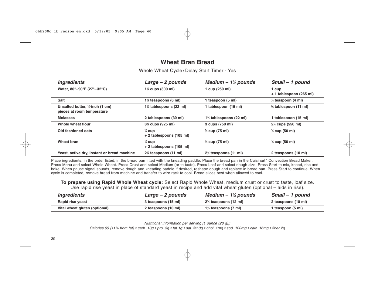Wheat bran bread, Pounds small – 1 pound | Cuisinart CBK-200C User Manual | Page 40 / 114