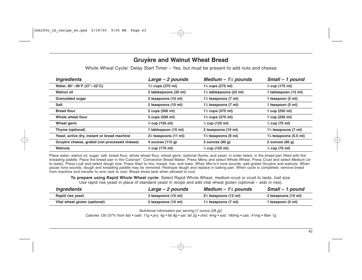 Gruyère and walnut wheat bread, Pounds small – 1 pound, Ingredients large – 2 pounds medium – 1 | Cuisinart CBK-200C User Manual | Page 43 / 114