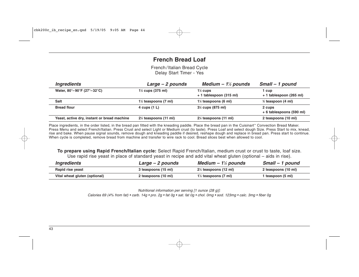French bread loaf, Pounds small – 1 pound | Cuisinart CBK-200C User Manual | Page 44 / 114