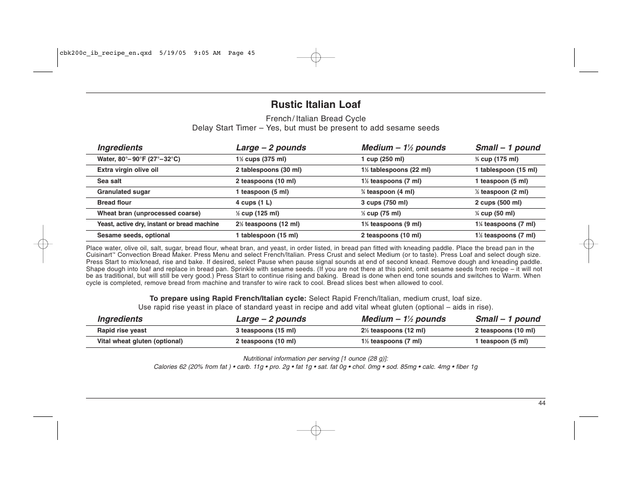 Rustic italian loaf, Pounds small – 1 pound, Ingredients large – 2 pounds medium – 1 | Cuisinart CBK-200C User Manual | Page 45 / 114