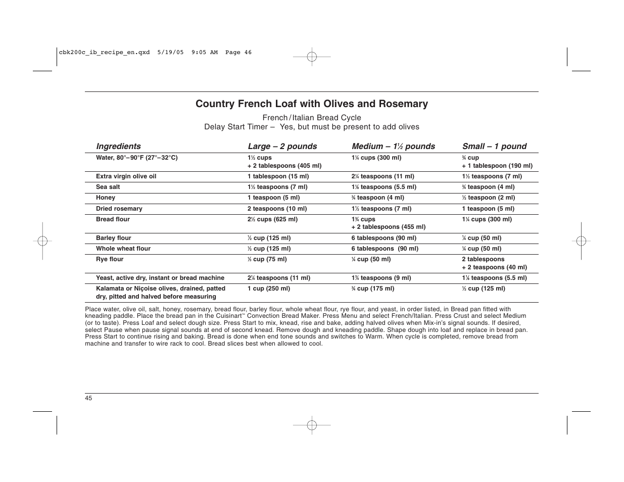 Country french loaf with olives and rosemary, Pounds small – 1 pound | Cuisinart CBK-200C User Manual | Page 46 / 114