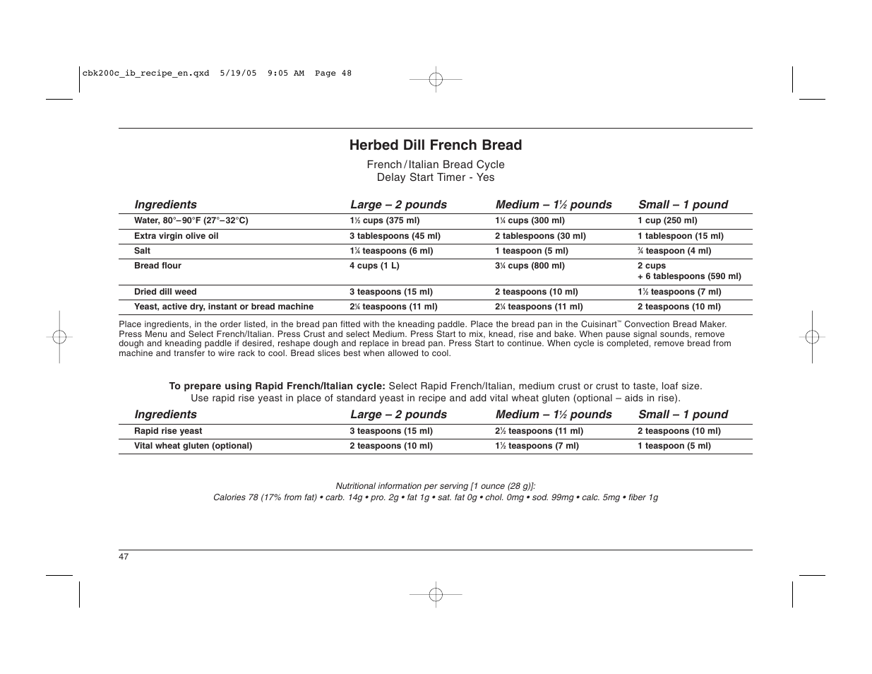 Herbed dill french bread, Pounds small – 1 pound, Ingredients large – 2 pounds medium – 1 | Cuisinart CBK-200C User Manual | Page 48 / 114