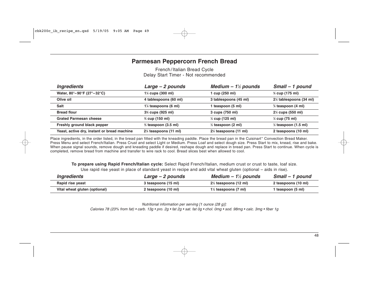 Parmesan peppercorn french bread, Pounds small – 1 pound, Ingredients large – 2 pounds medium – 1 | Cuisinart CBK-200C User Manual | Page 49 / 114