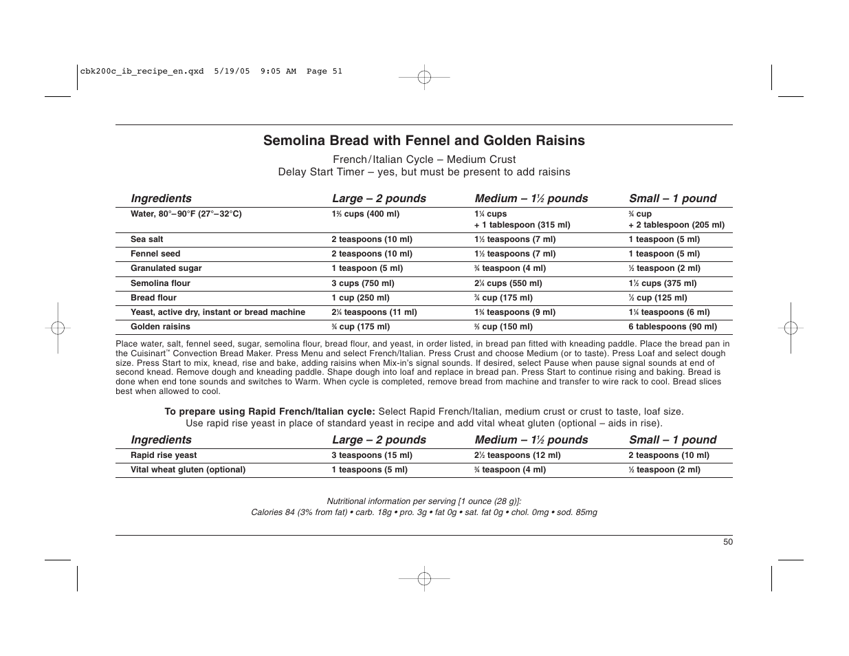 Semolina bread with fennel and golden raisins, Pounds small – 1 pound, Ingredients large – 2 pounds medium – 1 | Cuisinart CBK-200C User Manual | Page 51 / 114