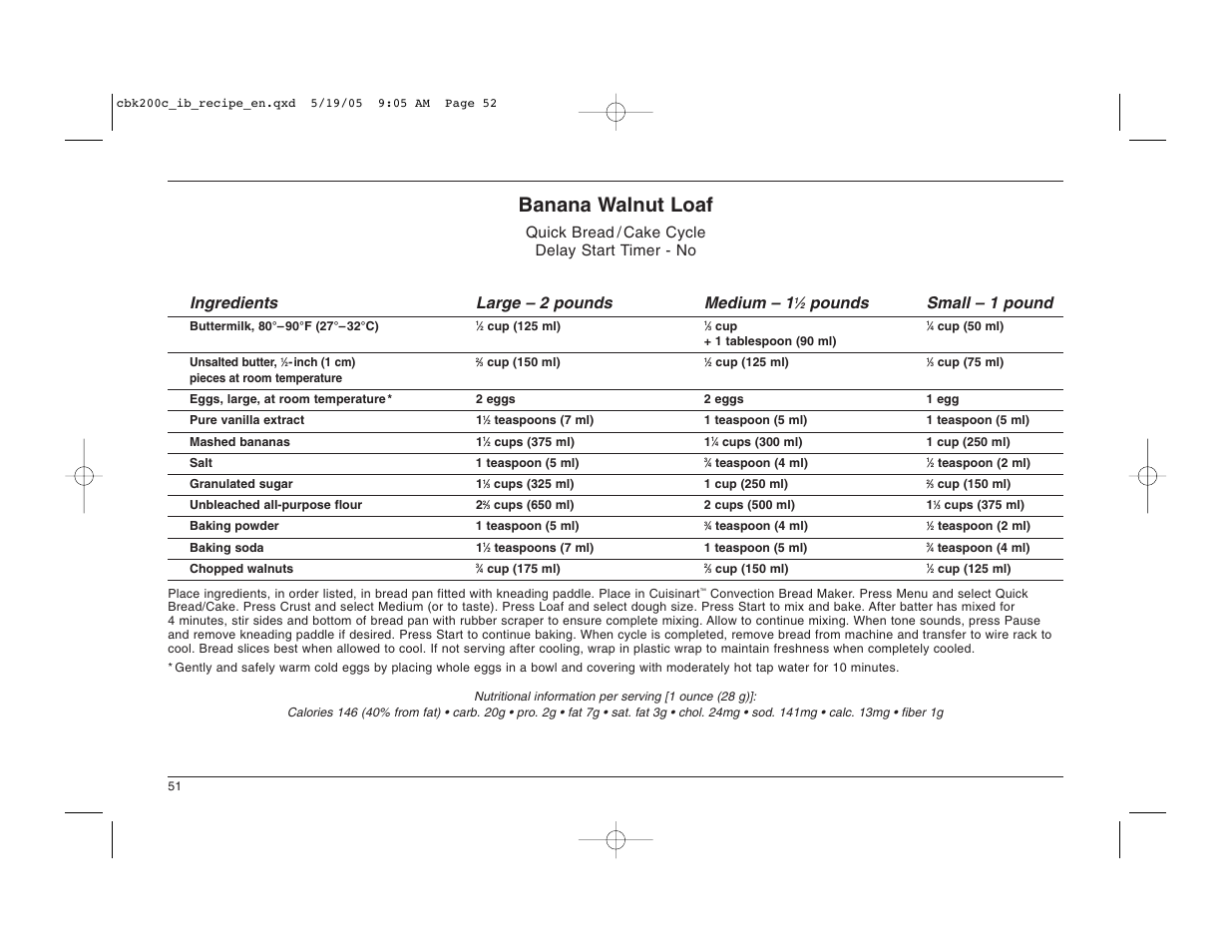 Banana walnut loaf, Pounds small – 1 pound | Cuisinart CBK-200C User Manual | Page 52 / 114