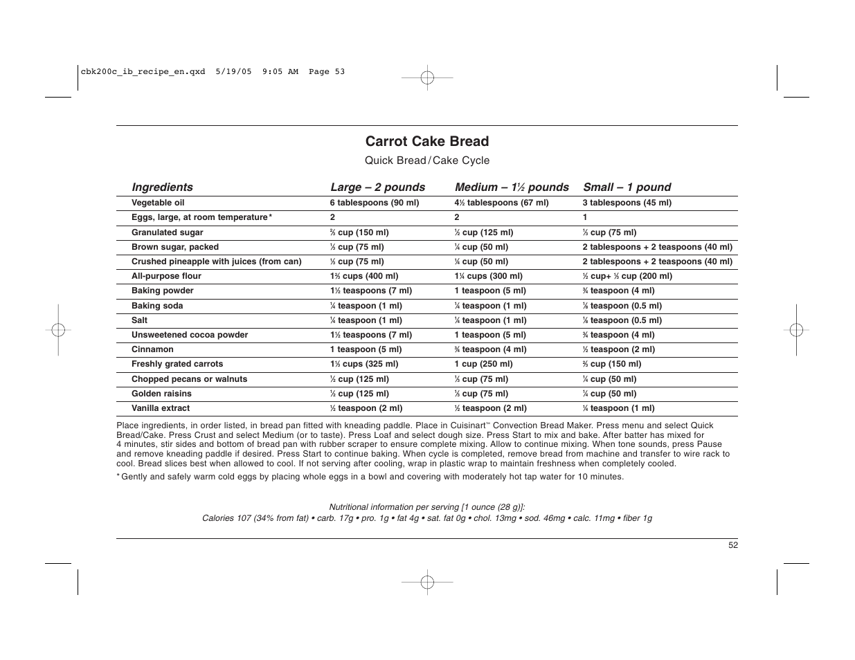 Carrot cake bread, Pounds small – 1 pound | Cuisinart CBK-200C User Manual | Page 53 / 114