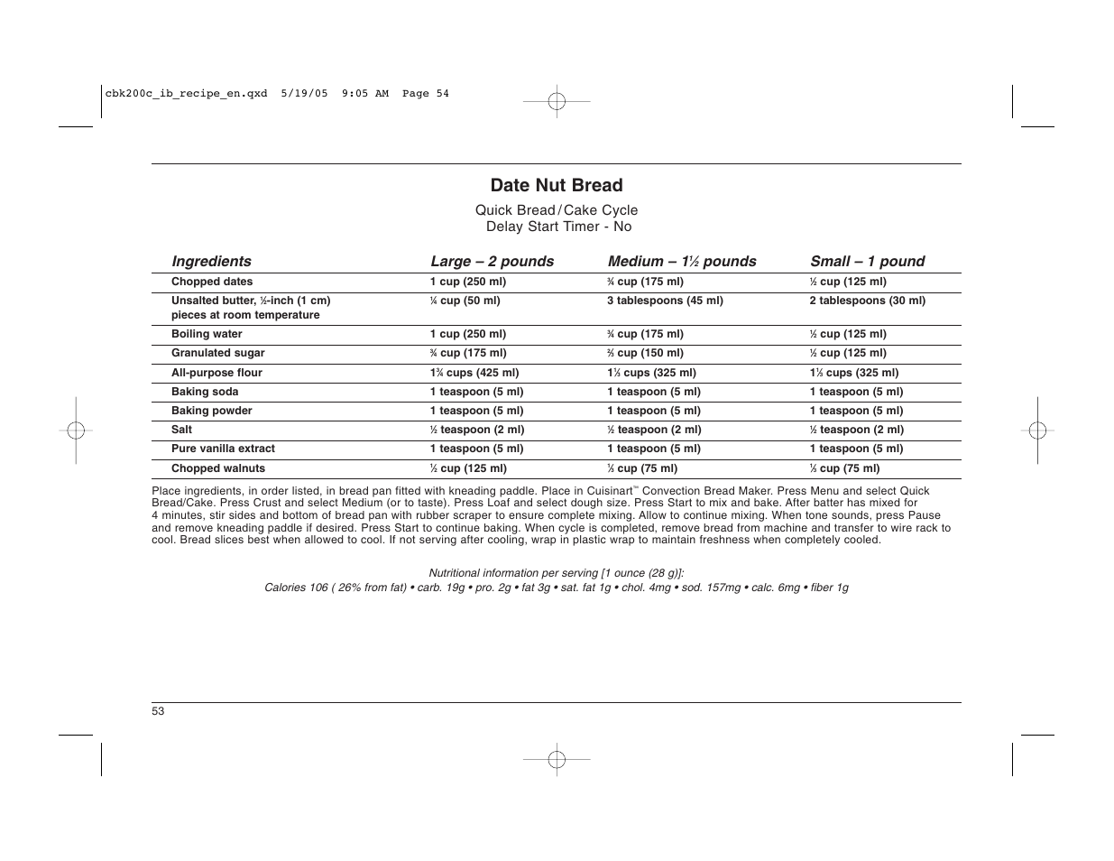 Date nut bread, Pounds small – 1 pound | Cuisinart CBK-200C User Manual | Page 54 / 114
