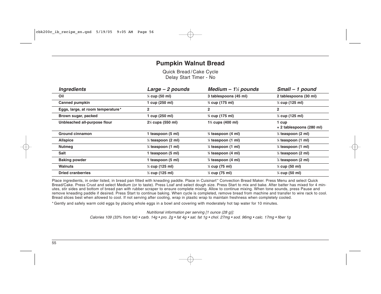 Pumpkin walnut bread, Pounds small – 1 pound | Cuisinart CBK-200C User Manual | Page 56 / 114