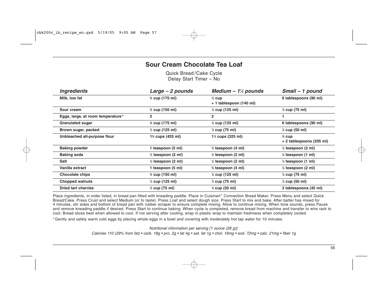 Sour cream chocolate tea loaf, Pounds small – 1 pound | Cuisinart CBK-200C User Manual | Page 57 / 114
