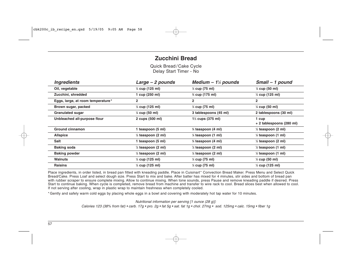 Zucchini bread, Pounds small – 1 pound | Cuisinart CBK-200C User Manual | Page 58 / 114