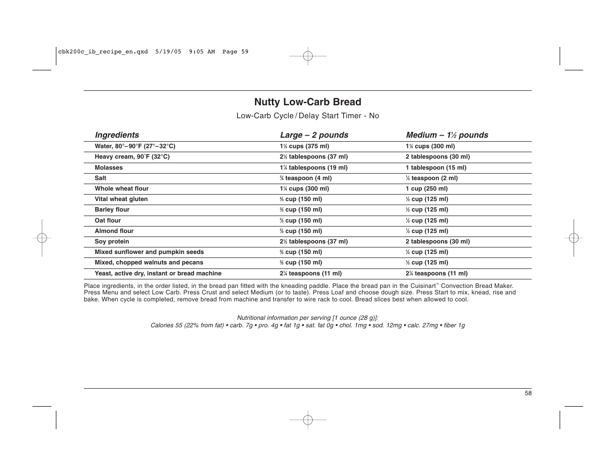 Nutty low-carb bread, Pounds | Cuisinart CBK-200C User Manual | Page 59 / 114