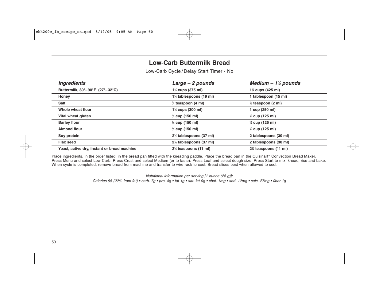 Low-carb buttermilk bread, Pounds | Cuisinart CBK-200C User Manual | Page 60 / 114