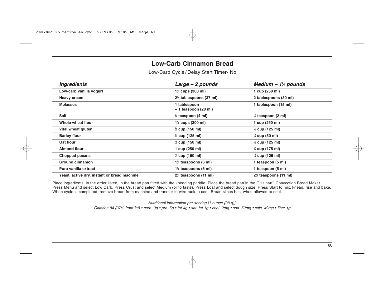 Low-carb cinnamon bread, Pounds | Cuisinart CBK-200C User Manual | Page 61 / 114