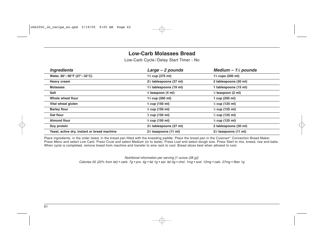 Low-carb molasses bread, Pounds | Cuisinart CBK-200C User Manual | Page 62 / 114