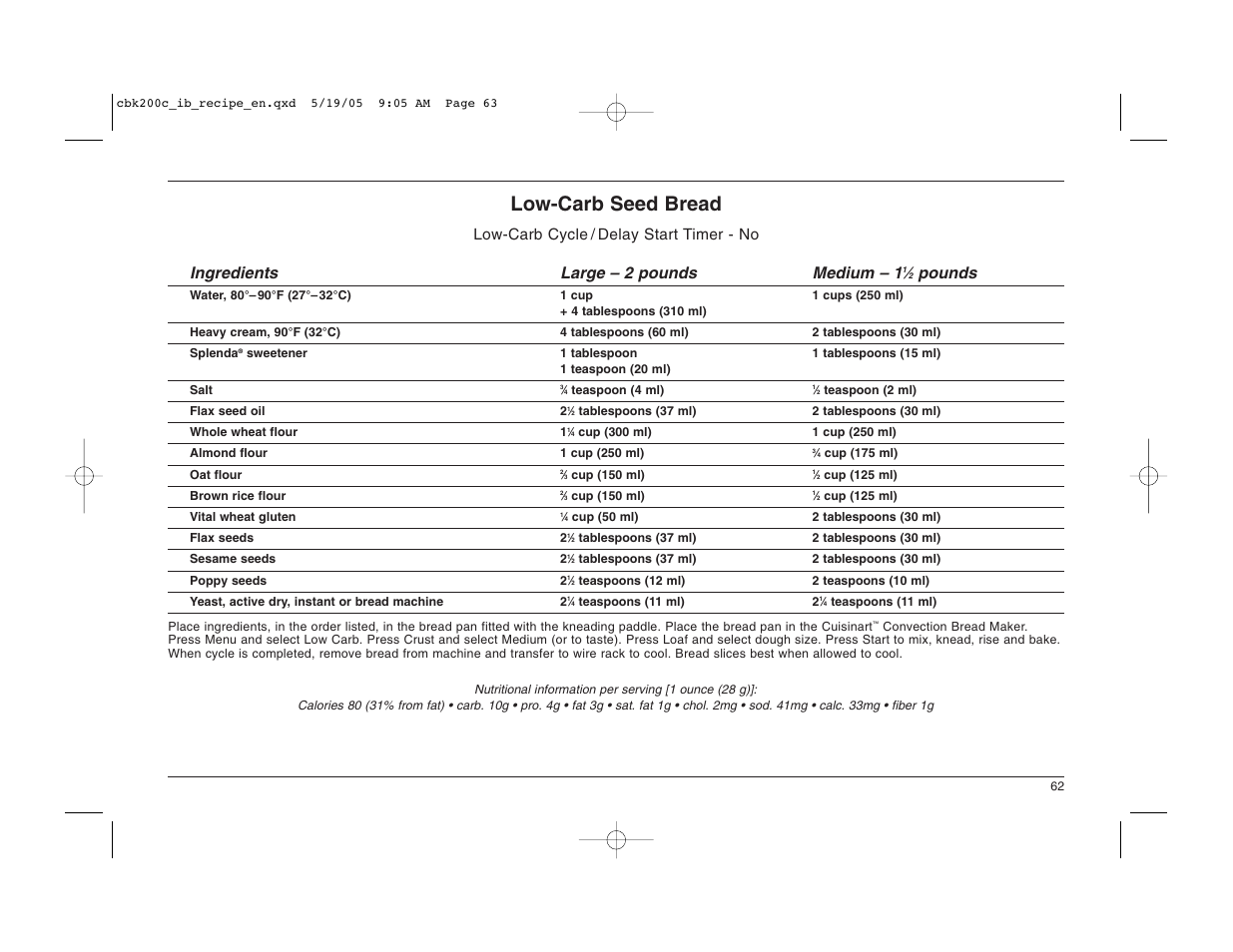 Low-carb seed bread, Pounds | Cuisinart CBK-200C User Manual | Page 63 / 114