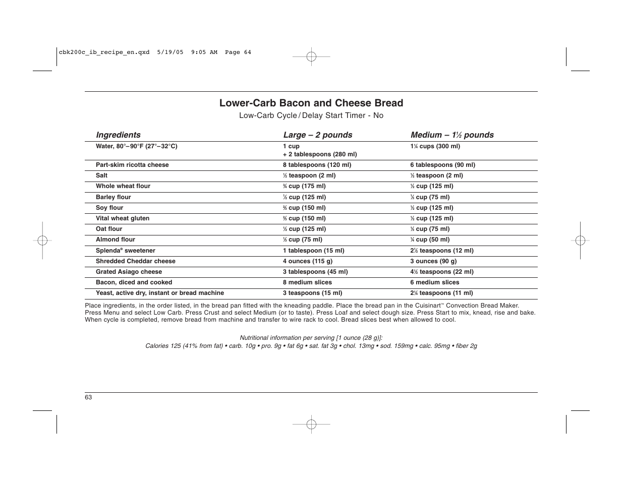 Lower-carb bacon and cheese bread, Pounds | Cuisinart CBK-200C User Manual | Page 64 / 114