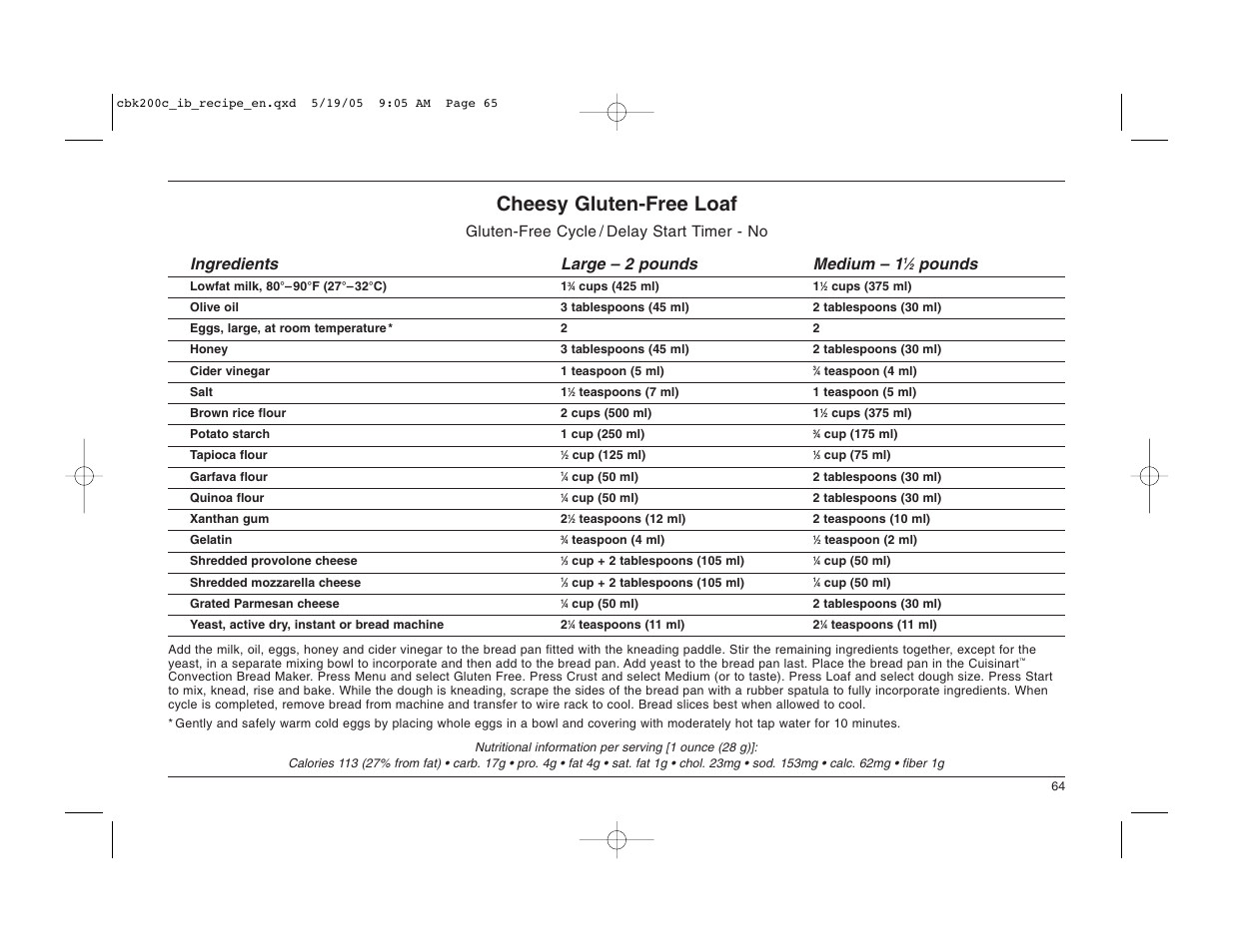 Cheesy gluten-free loaf, Pounds | Cuisinart CBK-200C User Manual | Page 65 / 114