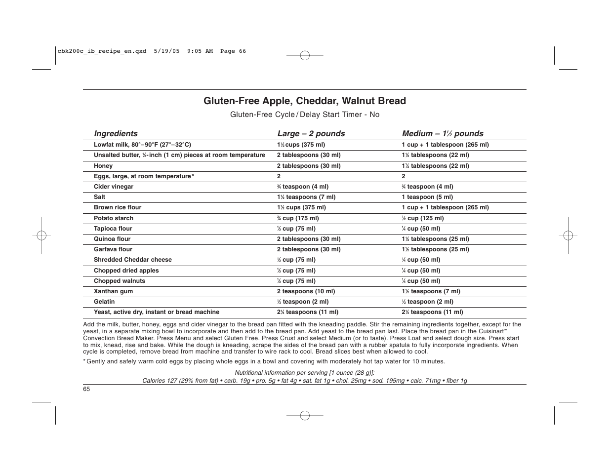 Gluten-free apple, cheddar, walnut bread, Pounds | Cuisinart CBK-200C User Manual | Page 66 / 114