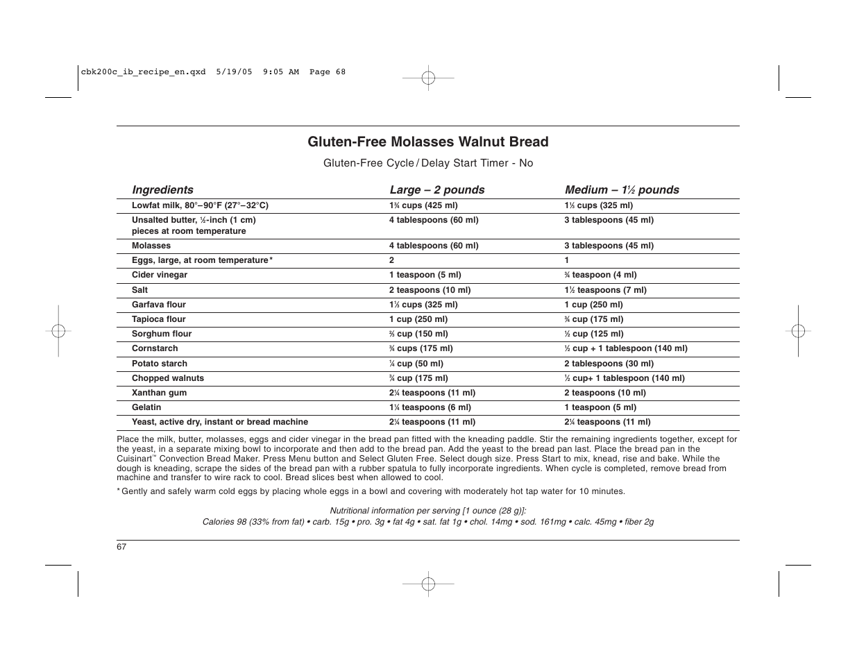 Gluten-free molasses walnut bread, Pounds | Cuisinart CBK-200C User Manual | Page 68 / 114