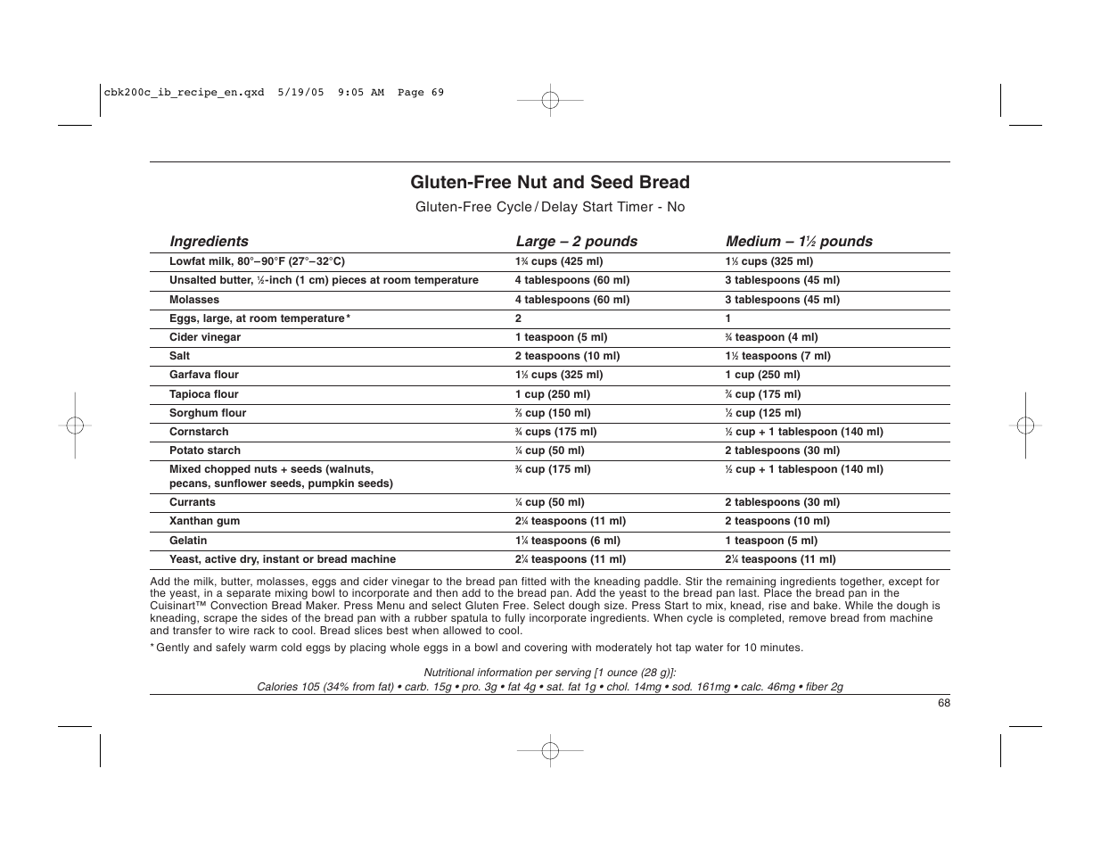 Gluten-free nut and seed bread, Pounds | Cuisinart CBK-200C User Manual | Page 69 / 114