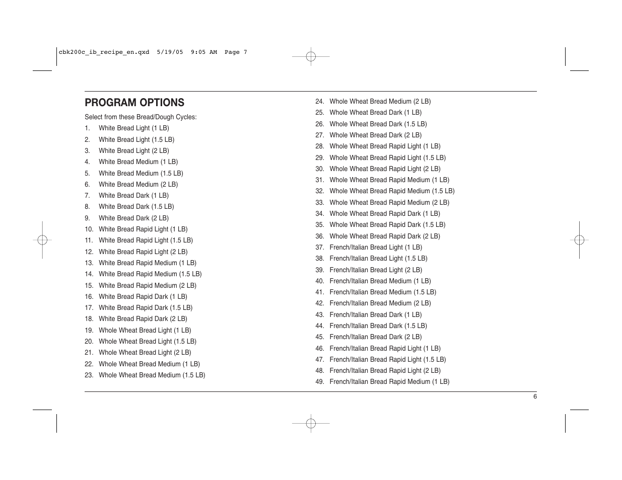 Program options | Cuisinart CBK-200C User Manual | Page 7 / 114