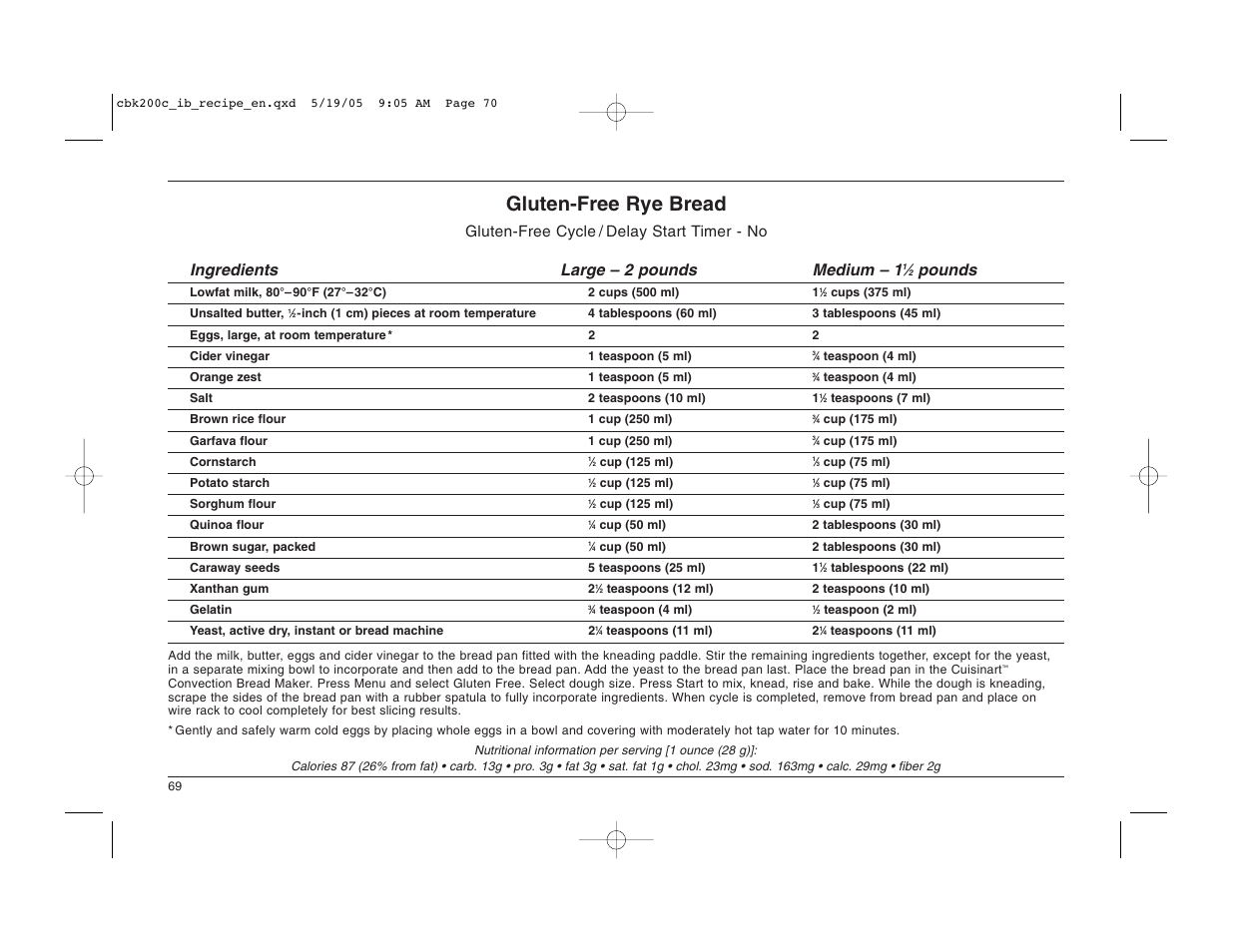 Gluten-free rye bread, Pounds | Cuisinart CBK-200C User Manual | Page 70 / 114