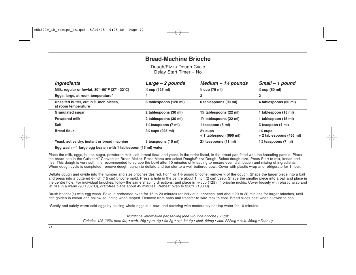 Bread-machine brioche, Pounds small – 1 pound | Cuisinart CBK-200C User Manual | Page 72 / 114