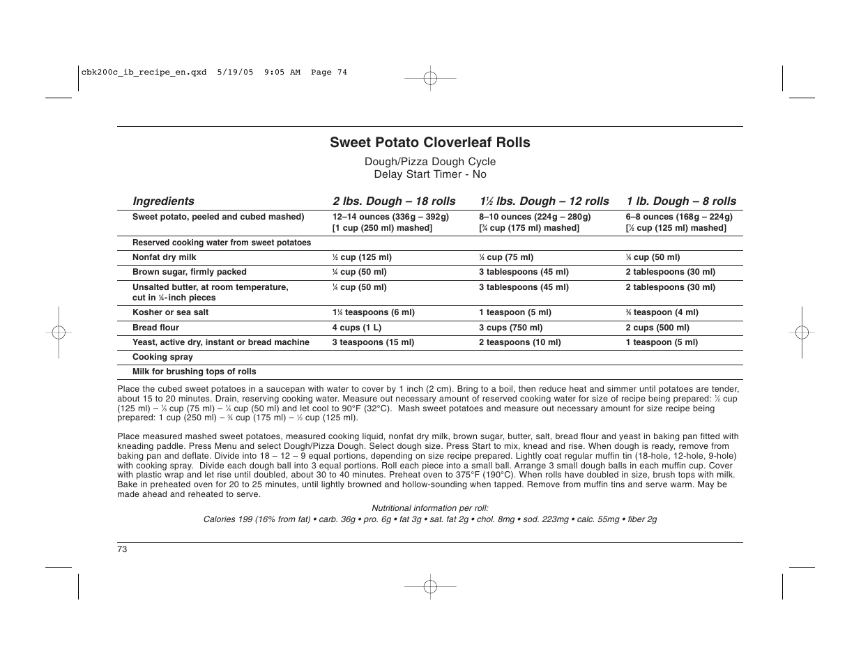 Sweet potato cloverleaf rolls, Lbs. dough – 12 rolls 1 lb. dough – 8 rolls | Cuisinart CBK-200C User Manual | Page 74 / 114