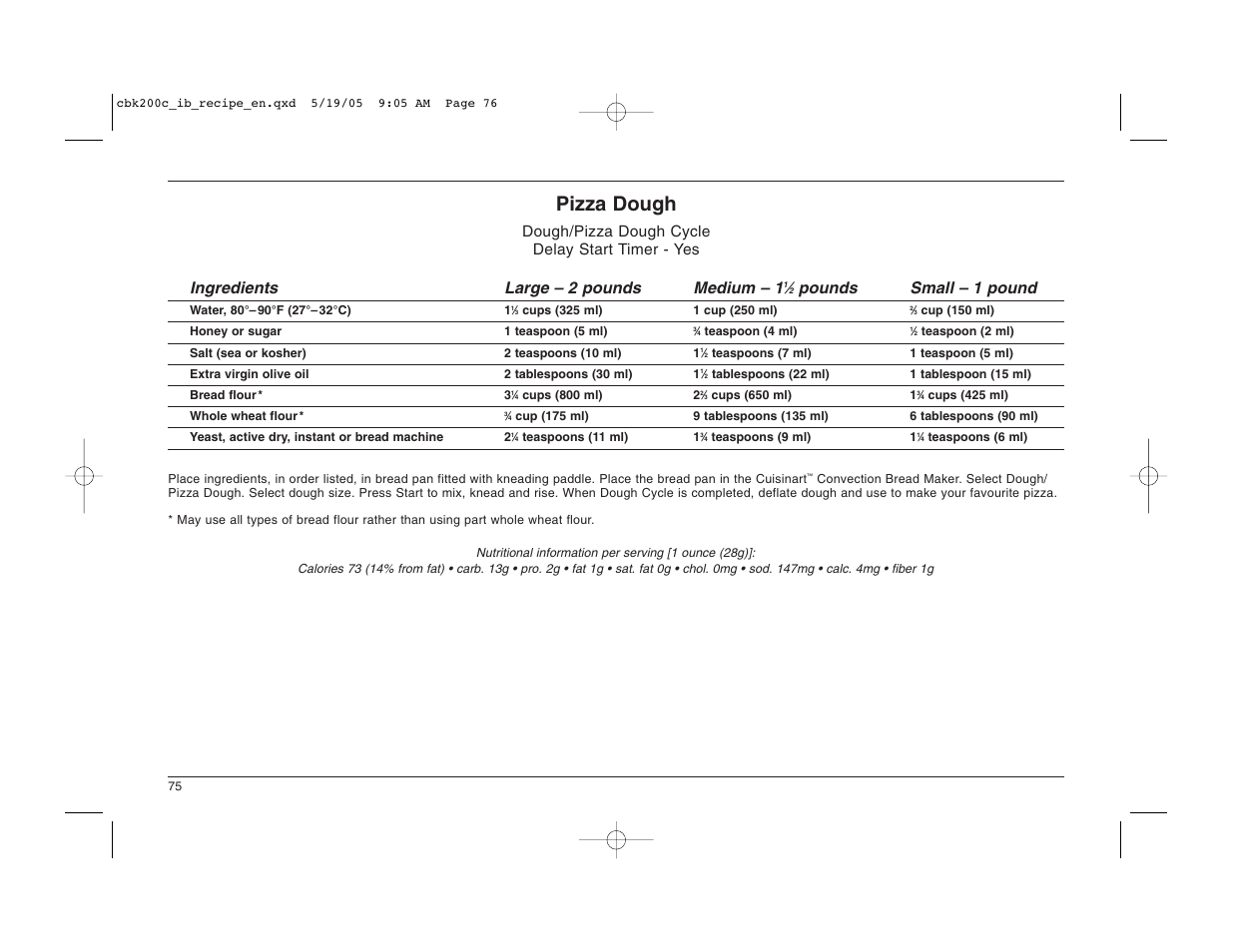 Pizza dough, Pounds small – 1 pound | Cuisinart CBK-200C User Manual | Page 76 / 114