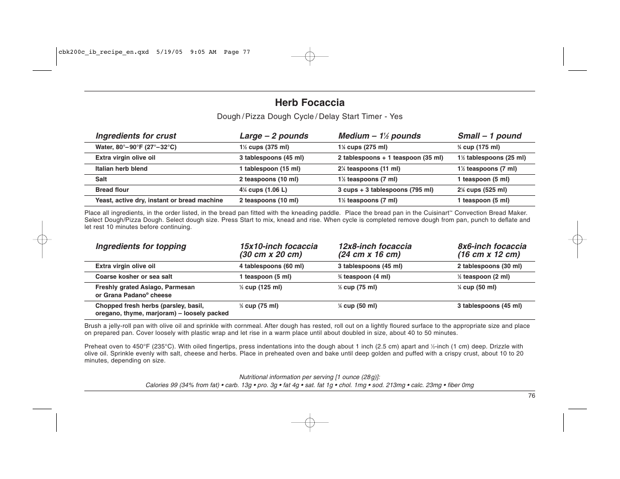 Herb focaccia, Pounds small – 1 pound | Cuisinart CBK-200C User Manual | Page 77 / 114