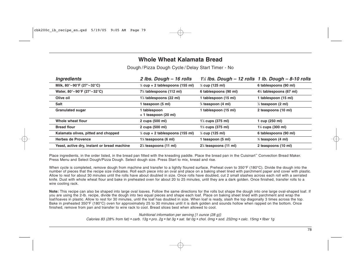 Whole wheat kalamata bread | Cuisinart CBK-200C User Manual | Page 79 / 114