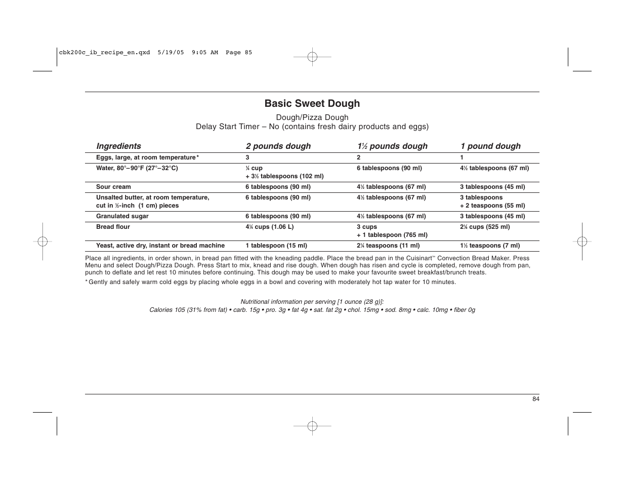 Basic sweet dough, Pounds dough 1 pound dough | Cuisinart CBK-200C User Manual | Page 85 / 114