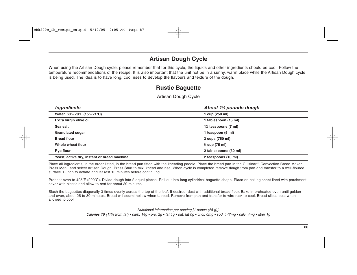 Artisan dough cycle, Rustic baguette | Cuisinart CBK-200C User Manual | Page 87 / 114