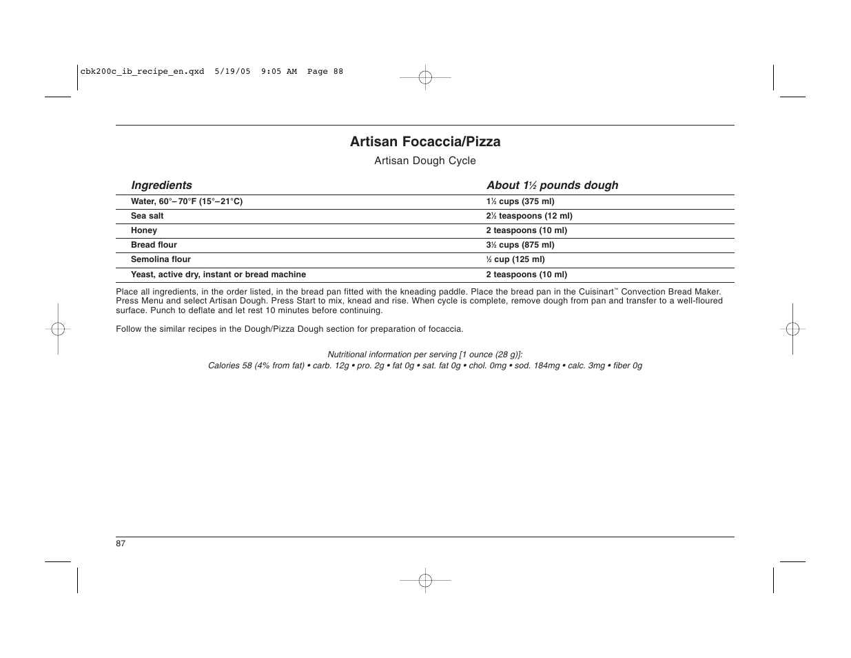 Artisan focaccia/pizza, Artisan dough cycle ingredients about 1, Pounds dough | Cuisinart CBK-200C User Manual | Page 88 / 114