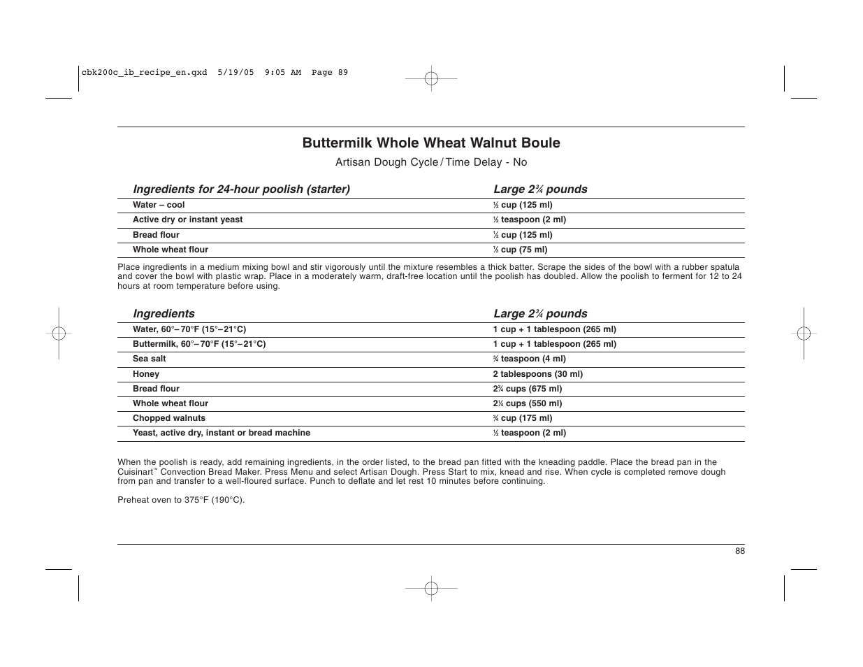 Buttermilk whole wheat walnut boule, Pounds, Ingredients large 2 | Cuisinart CBK-200C User Manual | Page 89 / 114