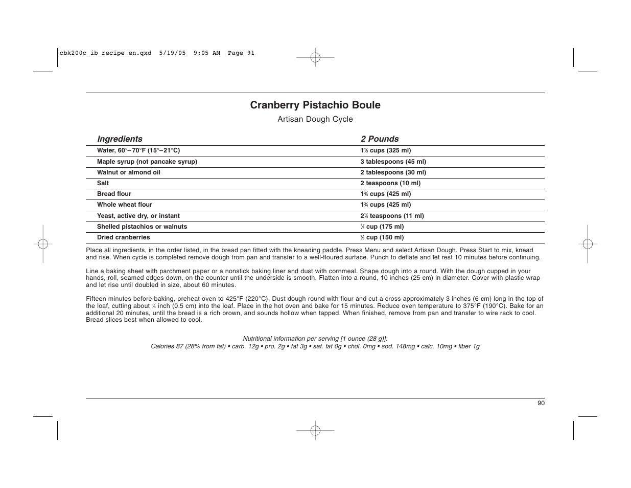 Cranberry pistachio boule, Artisan dough cycle ingredients 2 pounds | Cuisinart CBK-200C User Manual | Page 91 / 114