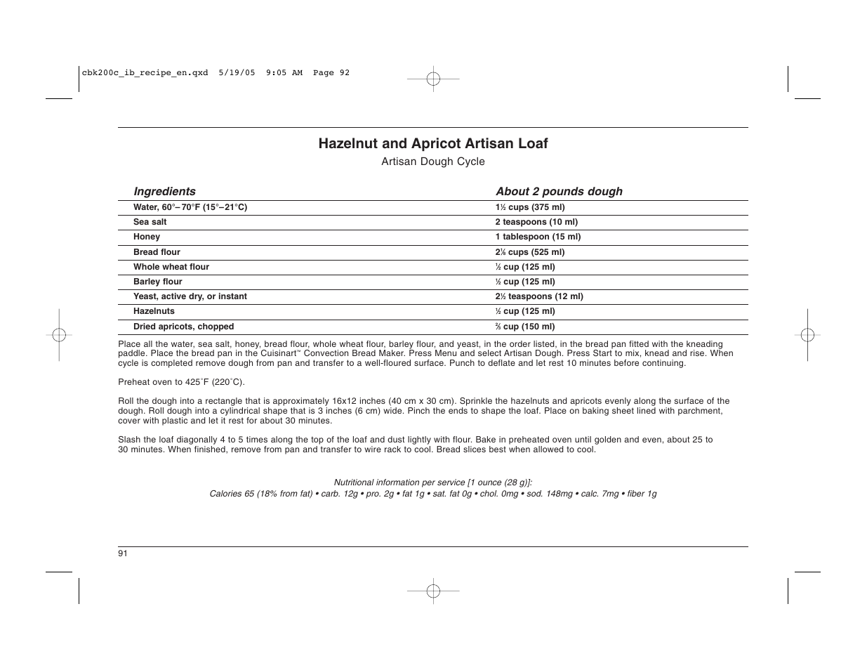 Hazelnut and apricot artisan loaf | Cuisinart CBK-200C User Manual | Page 92 / 114