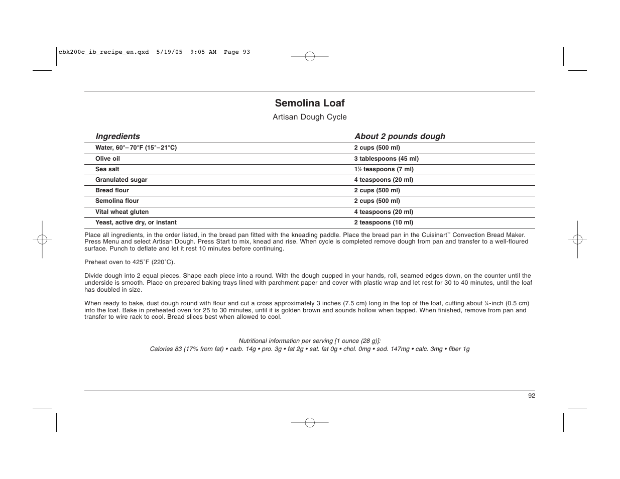 Semolina loaf | Cuisinart CBK-200C User Manual | Page 93 / 114