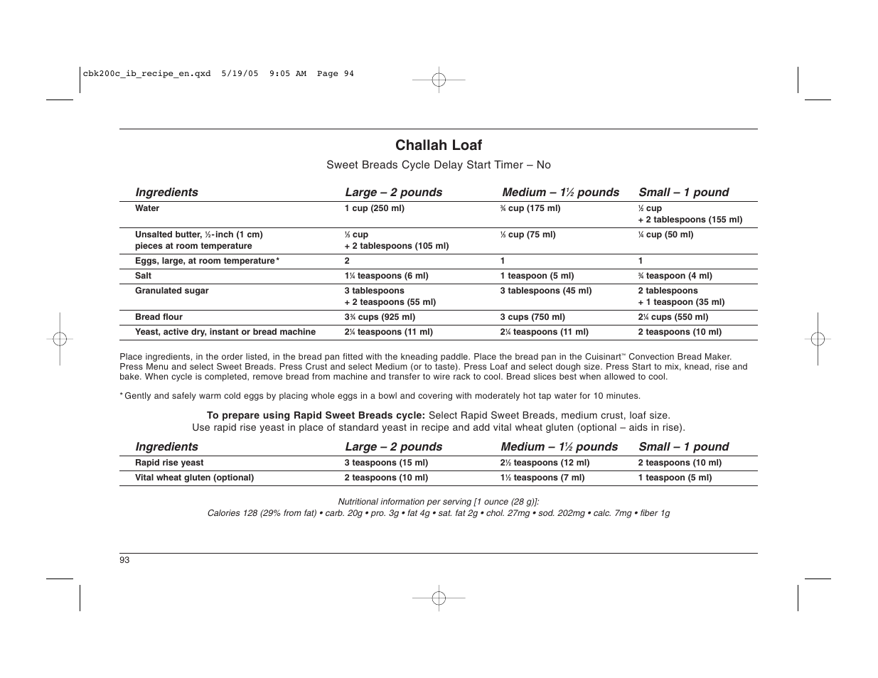 Challah loaf, Pounds small – 1 pound, Ingredients large – 2 pounds medium – 1 | Cuisinart CBK-200C User Manual | Page 94 / 114