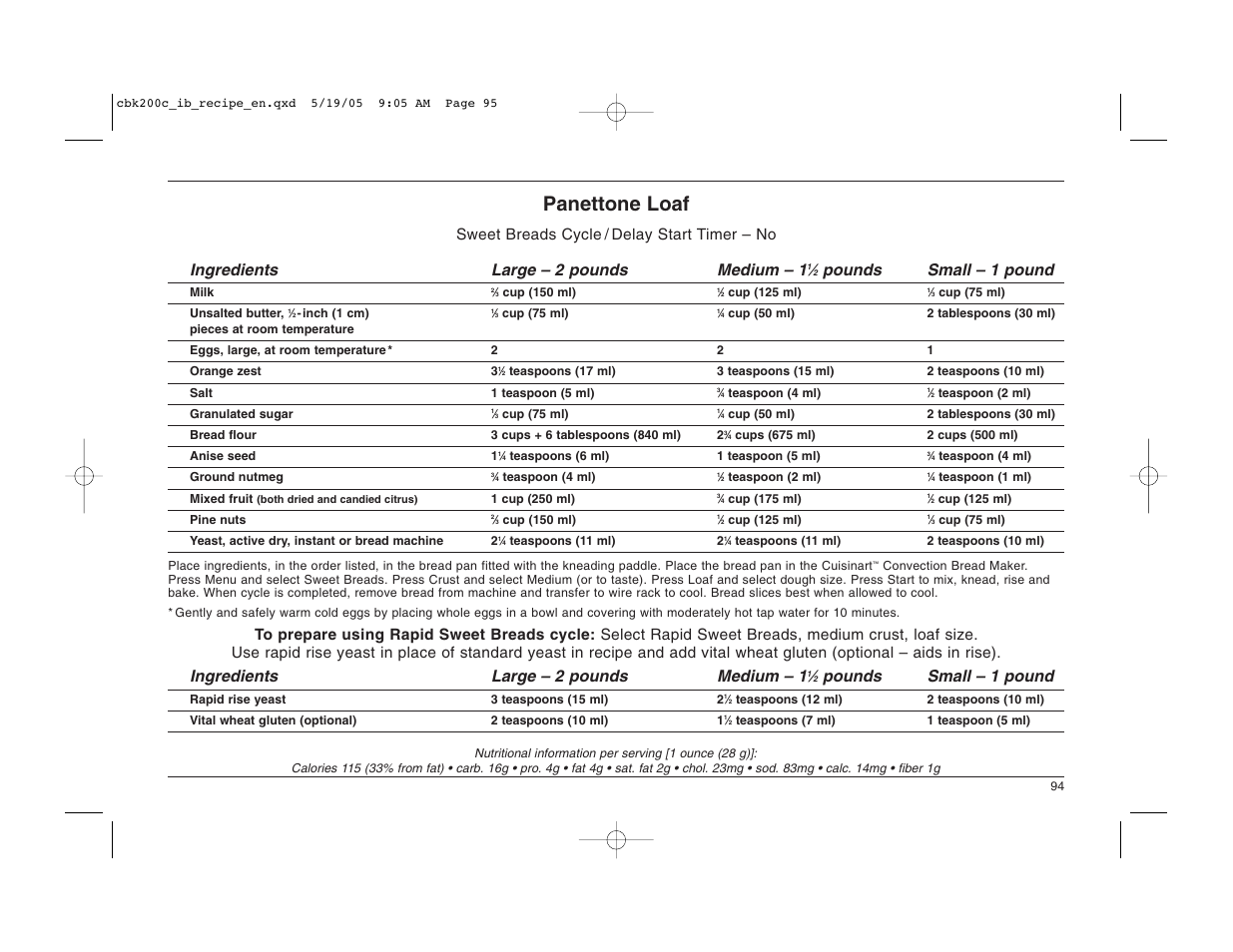 Panettone loaf, Pounds small – 1 pound | Cuisinart CBK-200C User Manual | Page 95 / 114